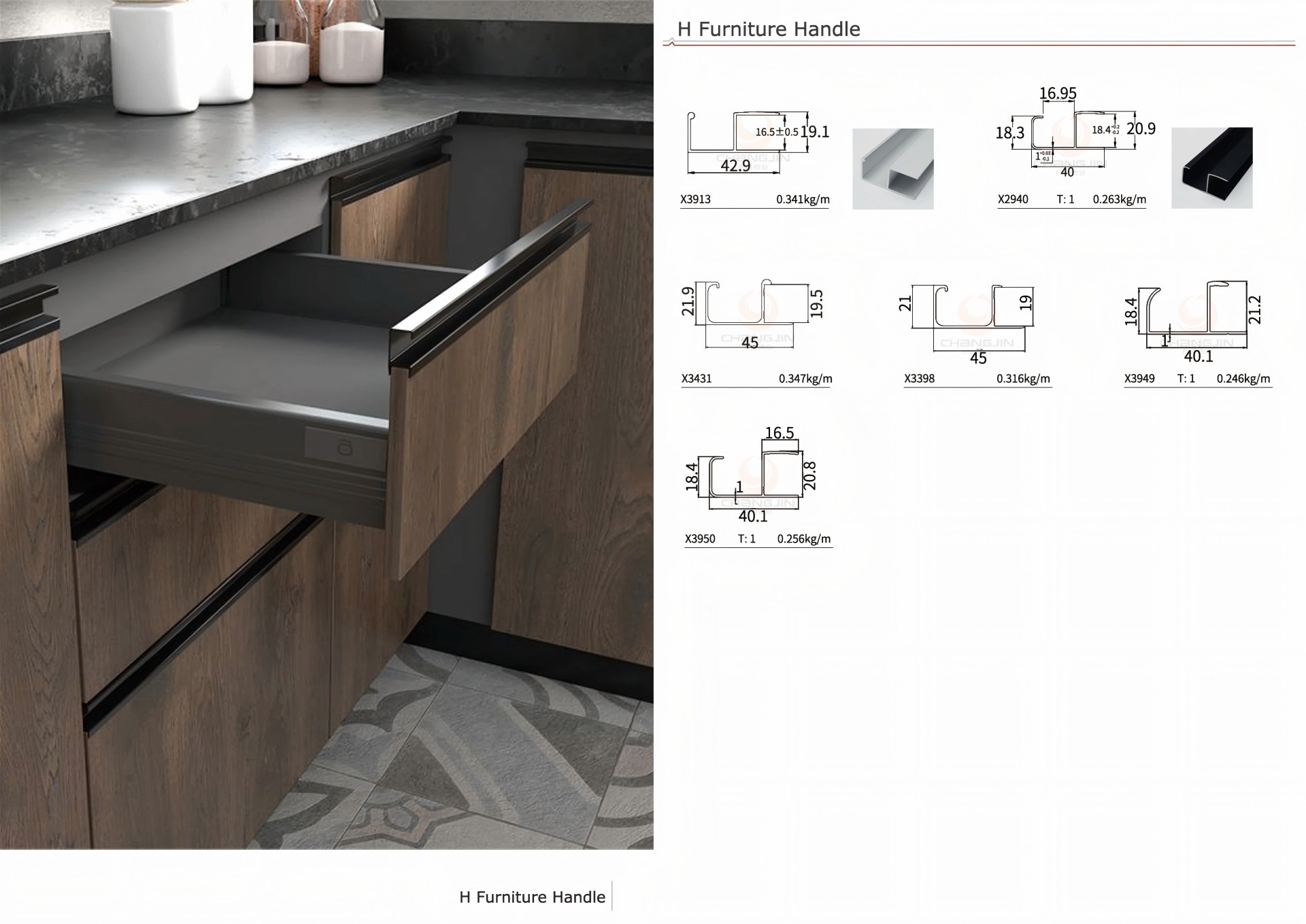 embedded H drawer handle cabinet application